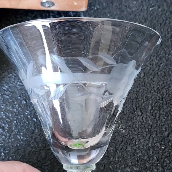 Weston Green Vaseline Stem Floral Stripe Etched Cordial 5.5" Depression Glass - Picture 4 of 12